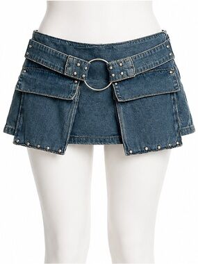 Size 7/27 Indigo Rein Women’s Y2K Denim Skort Studded O-Ring Belt Cargo NWT